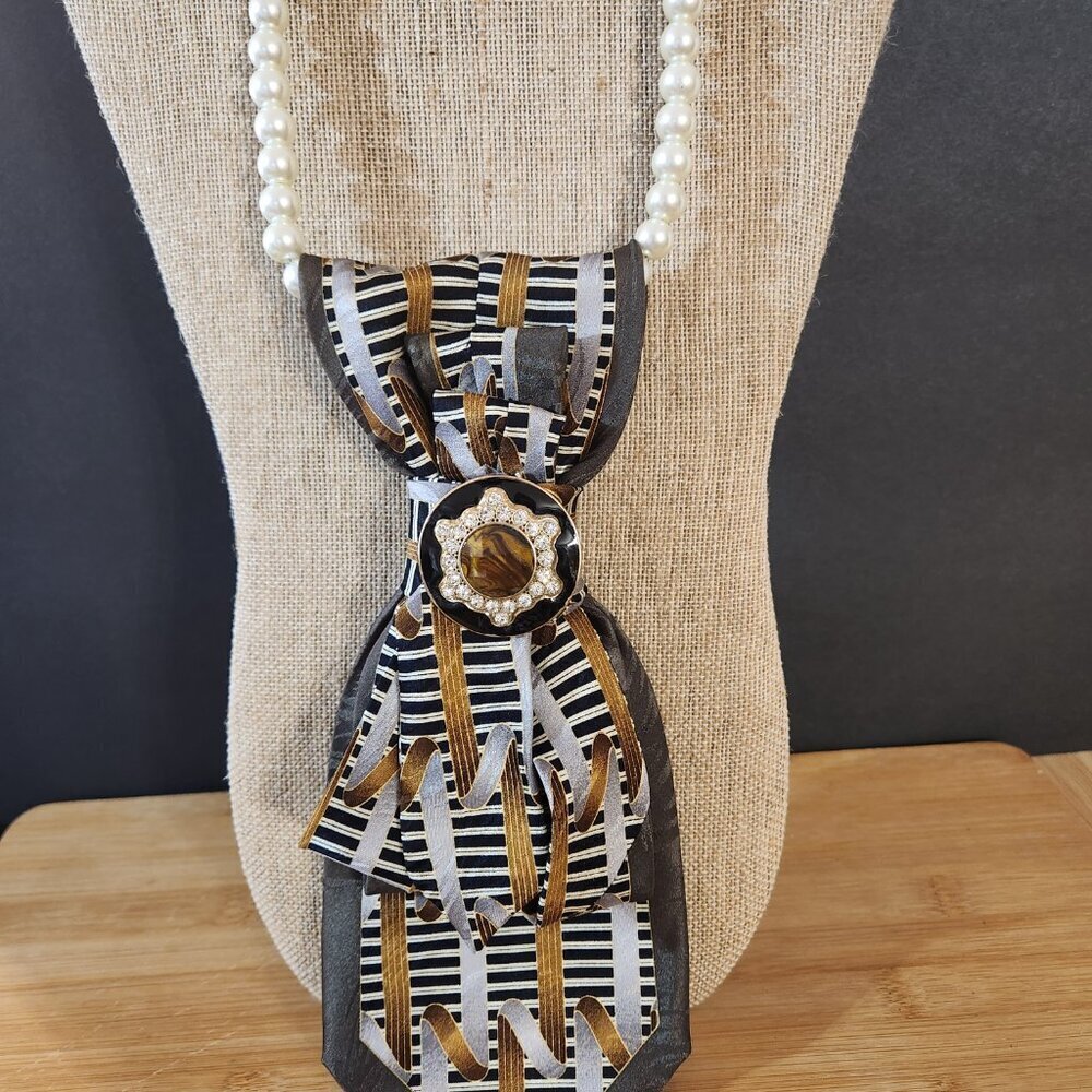 Hand Crafted Necktie Necklace with Vintage Brooch and Pearl Necklace Brown Green